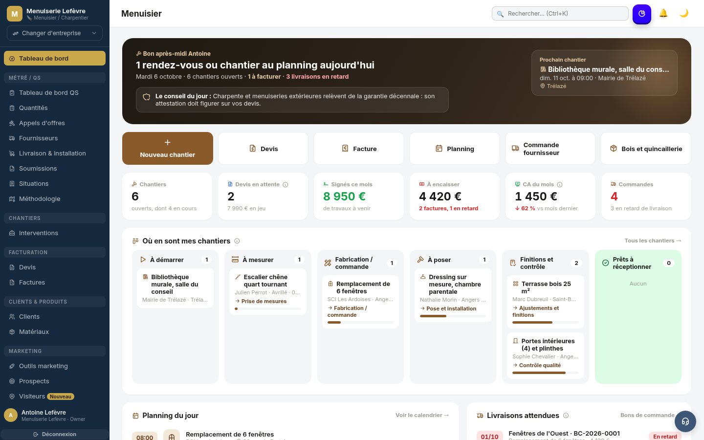 Tableau de bord Tebati pour menuisiers / charpentiers : chantiers, devis et factures