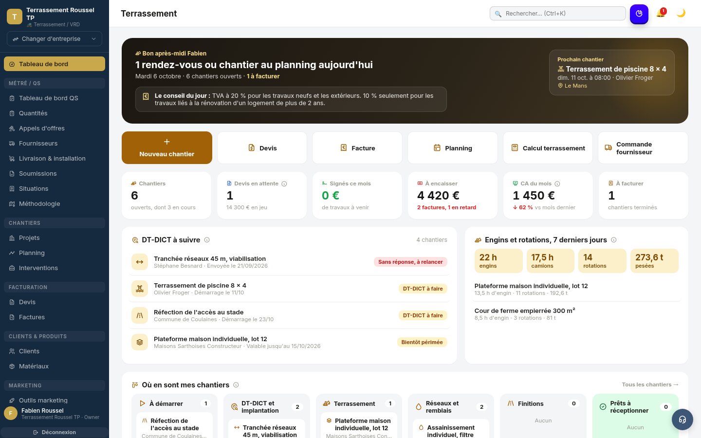 Tableau de bord Tebati pour entreprises de terrassement : chantiers, devis et factures