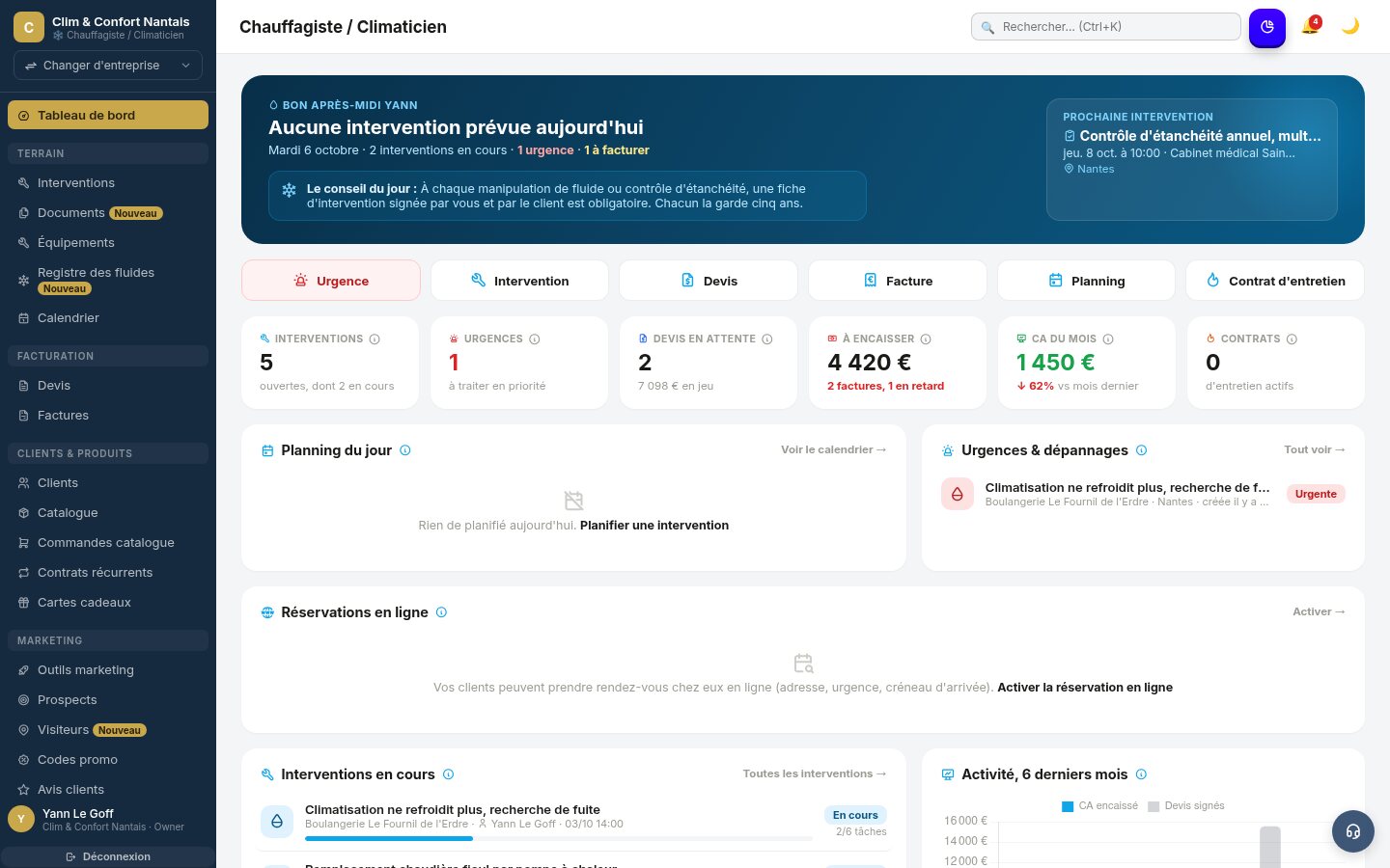 Tableau de bord Tebati pour chauffagistes / climaticiens : chantiers, devis et factures