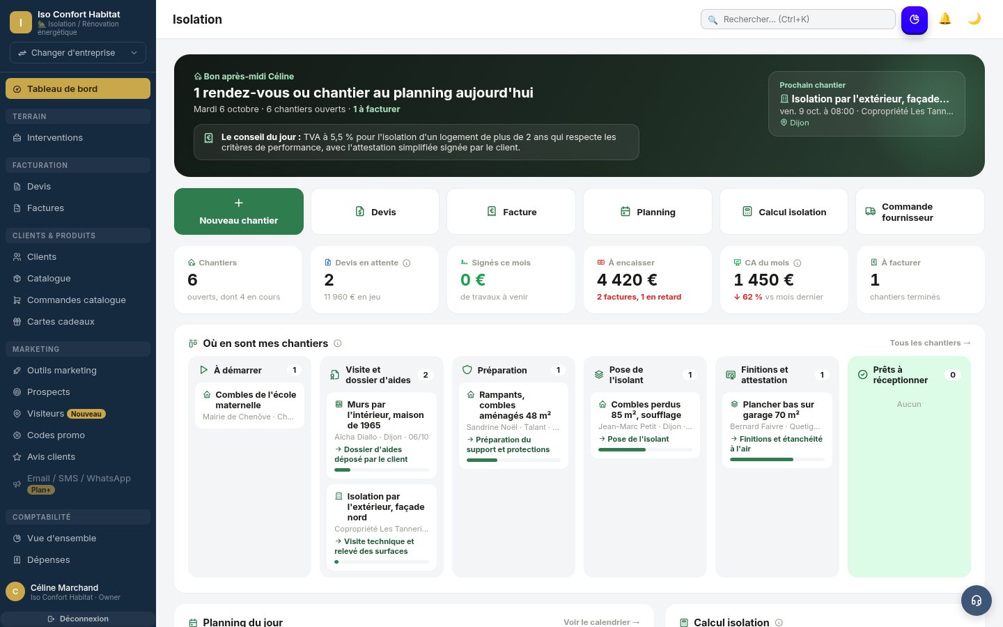 Tableau de bord Tebati pour entreprises d'isolation : chantiers, devis et factures
