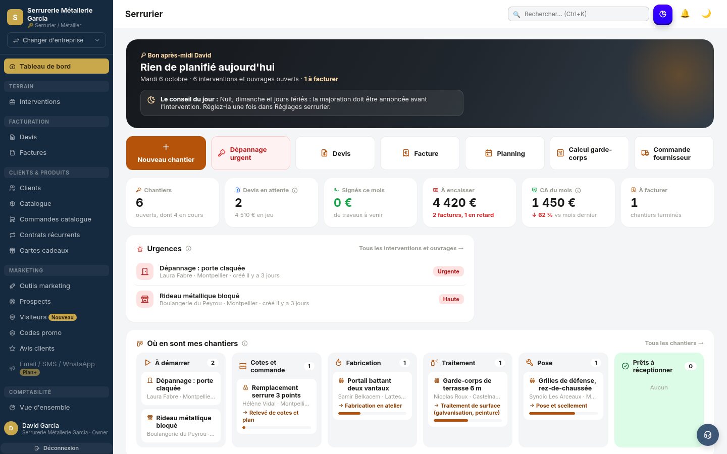 Tableau de bord Tebati pour serruriers / métalliers : chantiers, devis et factures