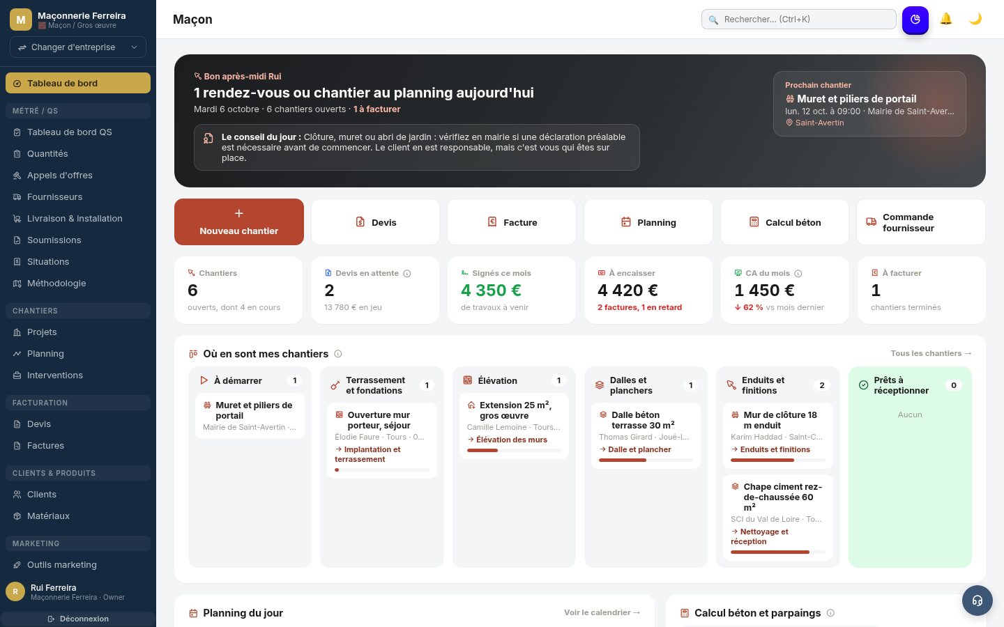 Tableau de bord Tebati pour maçons : chantiers, devis et factures
