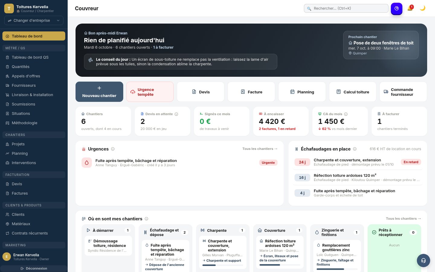 Tableau de bord Tebati pour couvreurs / charpentiers : chantiers, devis et factures
