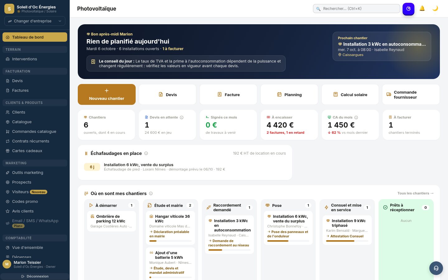 Tableau de bord Tebati pour installateurs photovoltaïques : chantiers, devis et factures
