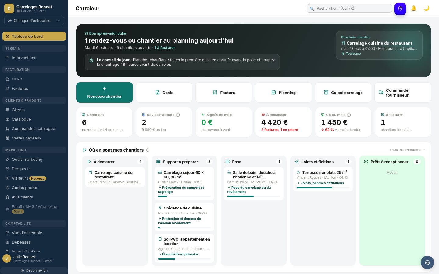 Tableau de bord Tebati pour carreleurs / soliers : chantiers, devis et factures